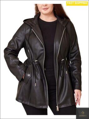 Faux Leather Jacket Plus Size Hooded Moto Biker Coat
